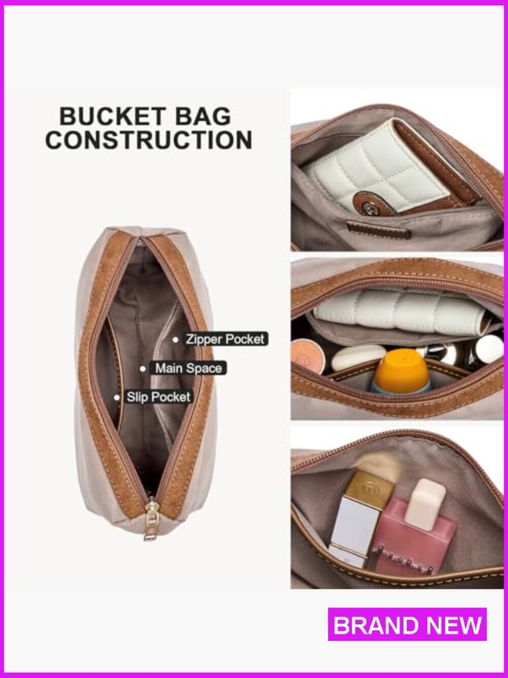 Vegan Suede Bucket Bag with Adjustable Strap and Detachable Pouch for Work - Picture 5 of 7